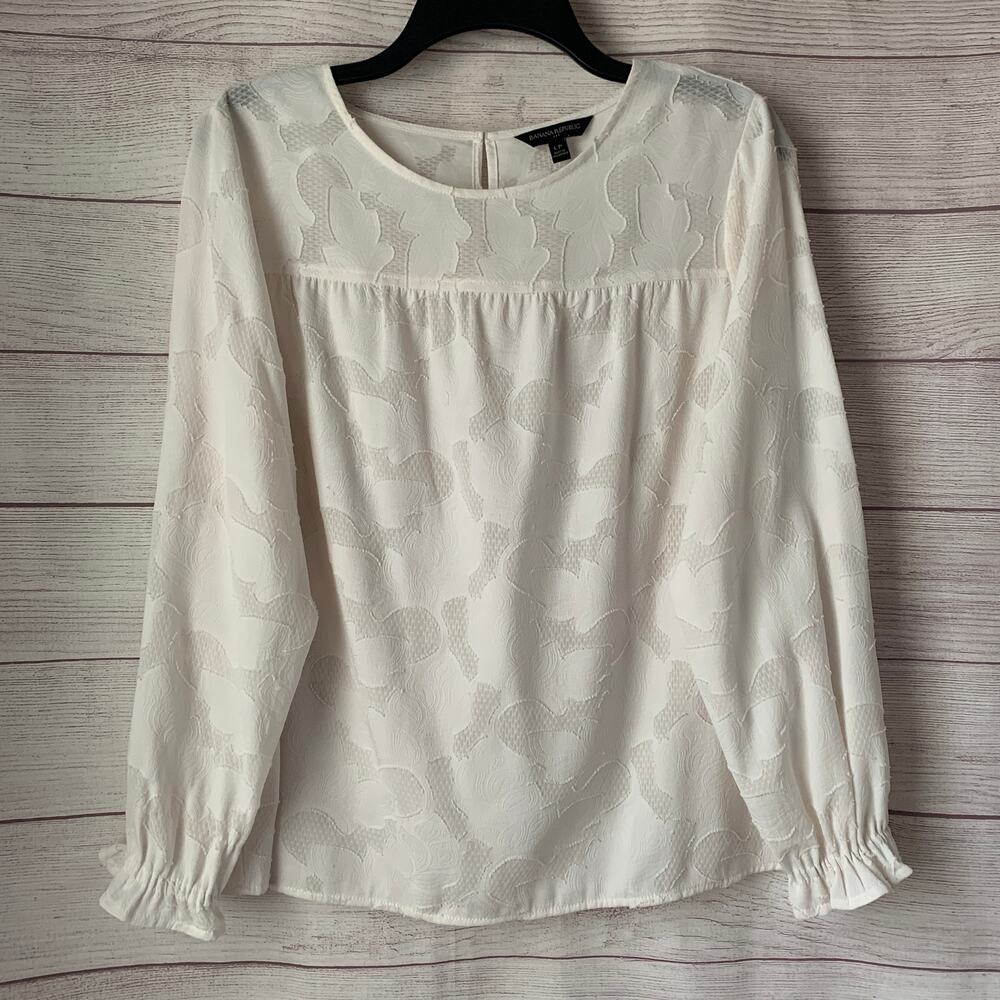 Banana Republic White Floral and Sheer Textured Blouse Long Sleeves Size LP